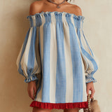 Ondine | Mini-robe azul e branca com ombros à mostra e bainha em contraste