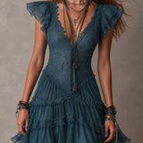 Delphine | Mini Dress with Ruffled Lace and Retro Blue Muslin