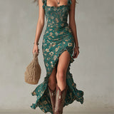 Vestido longo verde estampado em estilo boémio com mangas em babados