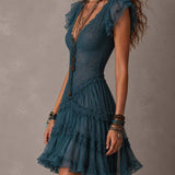 Delphine | Mini Dress with Ruffled Lace and Retro Blue Muslin