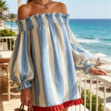 Ondine | Mini-robe azul e branca com ombros à mostra e bainha em contraste