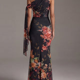 Vestido longo preto em chiffon de uma só alça com estampado e pregas