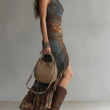 Vestido longo estampado em estilo étnico a uma shoulder com fenda alta