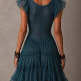 Delphine | Mini Dress with Ruffled Lace and Retro Blue Muslin