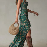 Vestido longo verde estampado em estilo boémio com mangas em babados