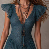 Delphine | Mini Dress with Ruffled Lace and Retro Blue Muslin