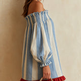Ondine | Mini-robe azul e branca com ombros à mostra e bainha em contraste