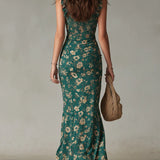 Vestido longo verde estampado em estilo boémio com mangas em babados