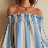 Ondine | Mini-robe azul e branca com ombros à mostra e bainha em contraste