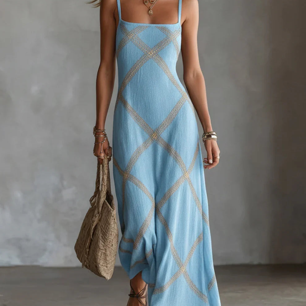 Vestido Maxi Geométrico Melisa com Decote Quadrado Elegante
