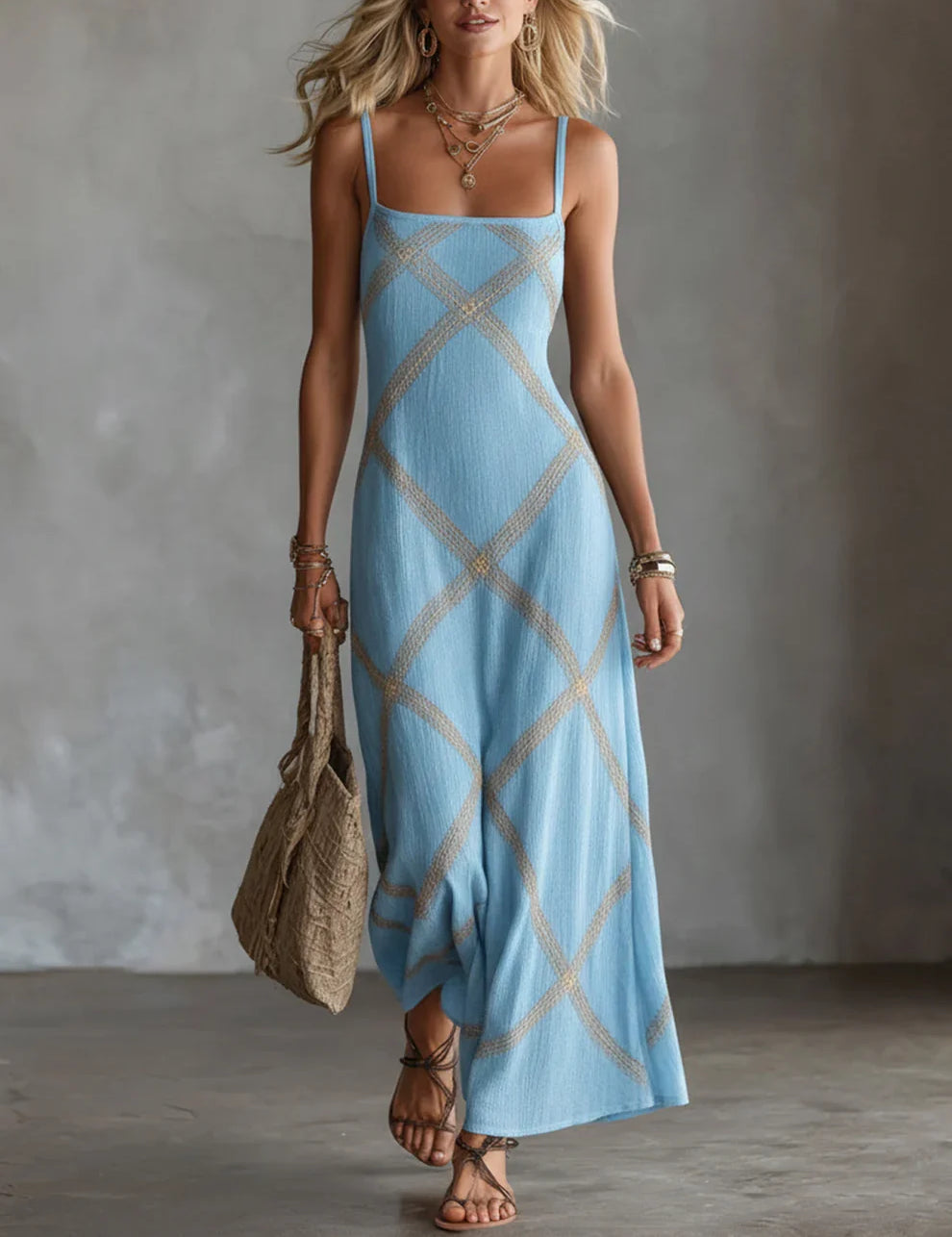 Vestido Maxi Geométrico Melisa com Decote Quadrado Elegante