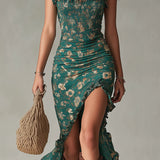 Vestido longo verde estampado em estilo boémio com mangas em babados