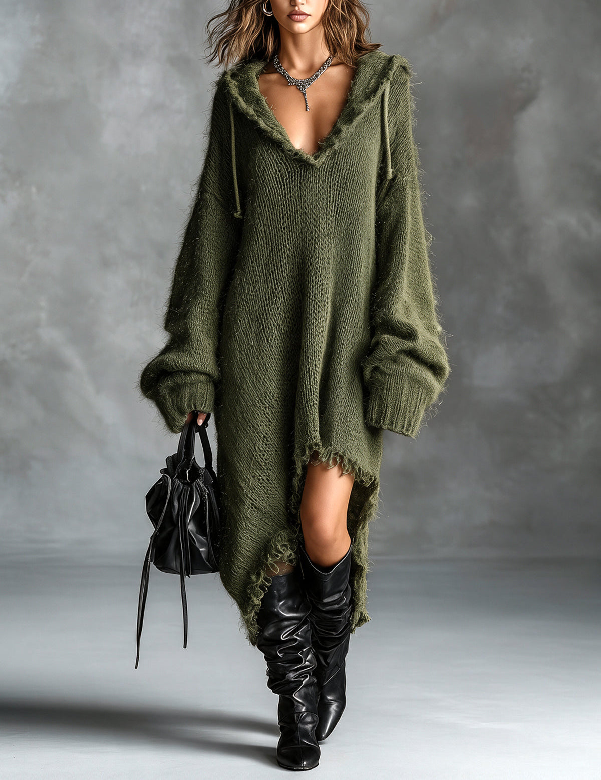 Vestido midi oversize de malha felpuda com capuz