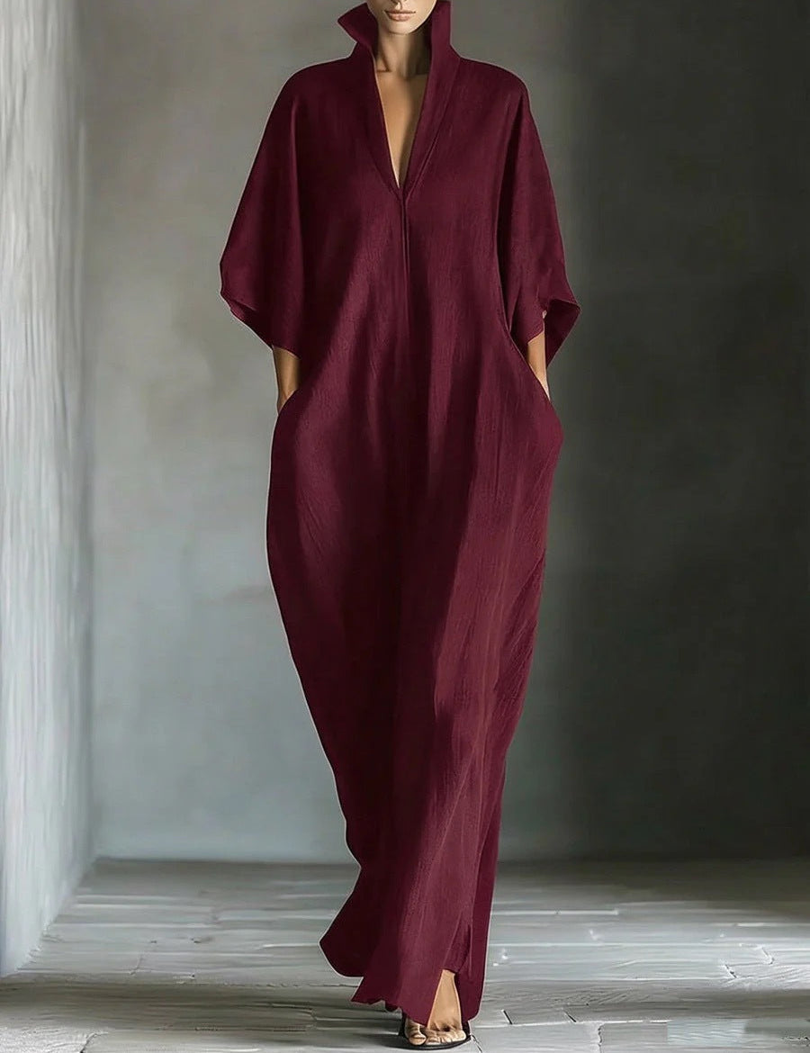 Alina - Vestido longo com mangas 3/4 e decote em V