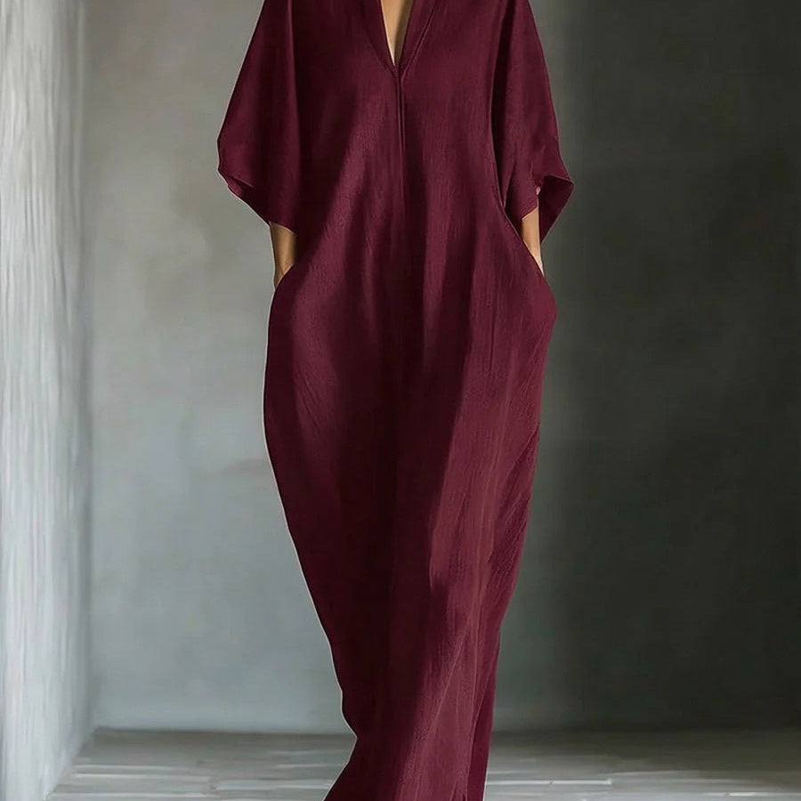 Alina - Vestido longo com mangas 3/4 e decote em V