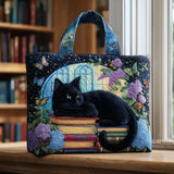 Claudia | Bolsa Artesanal com Estampa de Gato Negro e Livro