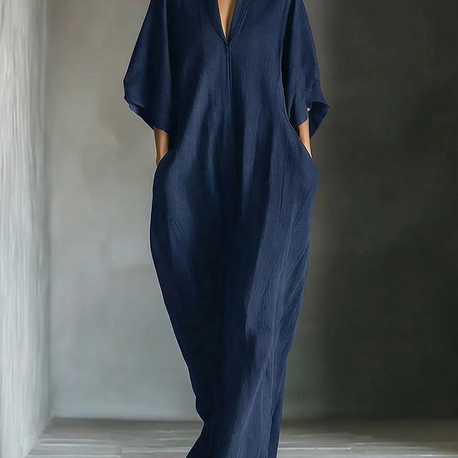 Alina - Vestido longo com mangas 3/4 e decote em V