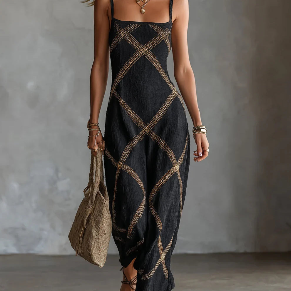 Vestido Maxi Geométrico Melisa com Decote Quadrado Elegante