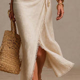 Clémence | Vestido Midi em Linho Natural com Decote Cruzado e Renda