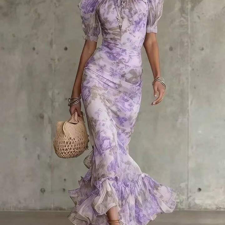 Eugenia Vestido Maxi Floral Vintage Rosa com Mangas Abalonadas (Acessórios não incluídos)