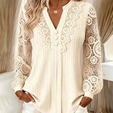 Blusa feminina de renda com decote em V e mangas compridas