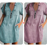 ⌛Oferta por tempo limitado – Vestido camisa casual em jeans para mulher, corte solto, gola, mangas curtas, fecho éclair e bolsos