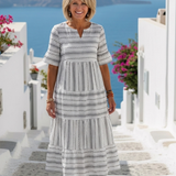 Maëlys | Vestido midi às riscas com mangas curtas