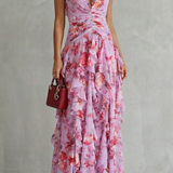 Belladina | Vestido Longo Romântico Kaskada de Rosas com Decote em V