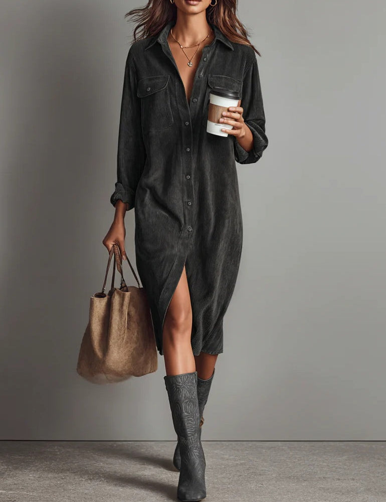 Veronica | Vestido Midi de Pana com Bolsos Frontais e Botões