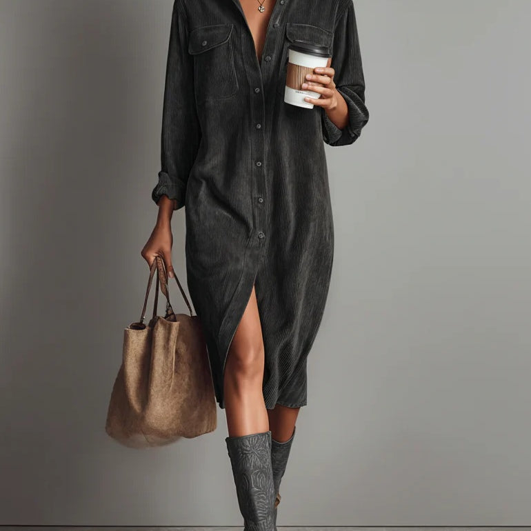 Veronica | Vestido Midi de Pana com Bolsos Frontais e Botões