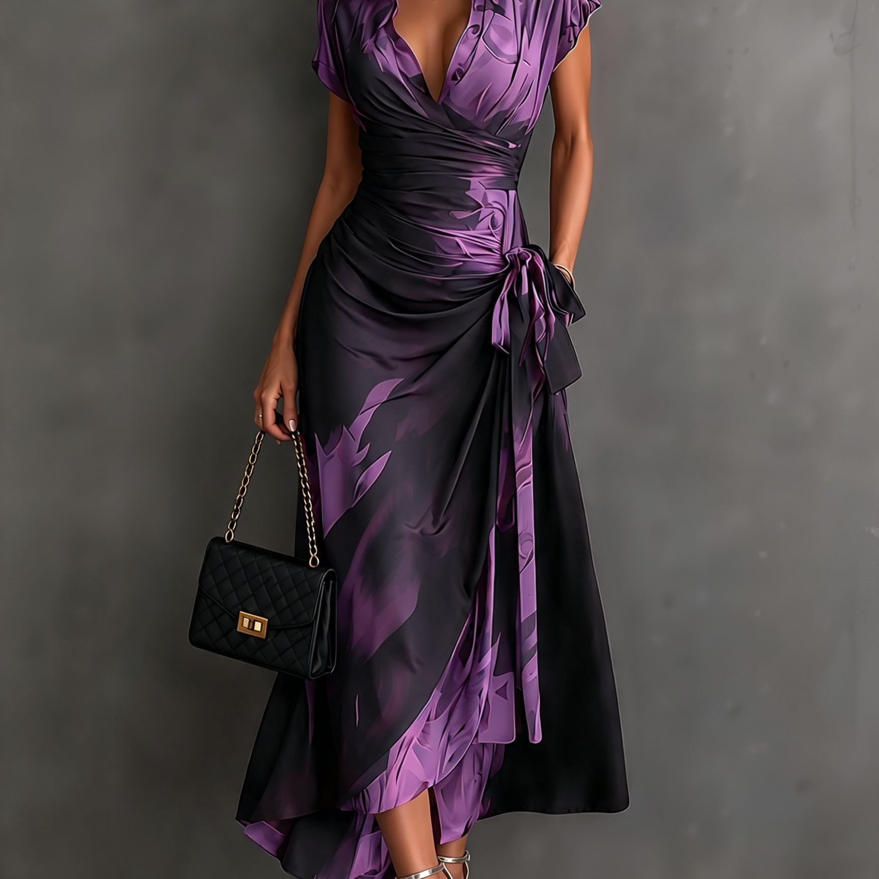 Vestido Midi Envelope com Estampa Abstrata Vermelha e Preta, Gola com Decote em V, Manga Curta, Cintura para Amarrar, Barra Assimétrica com Renda