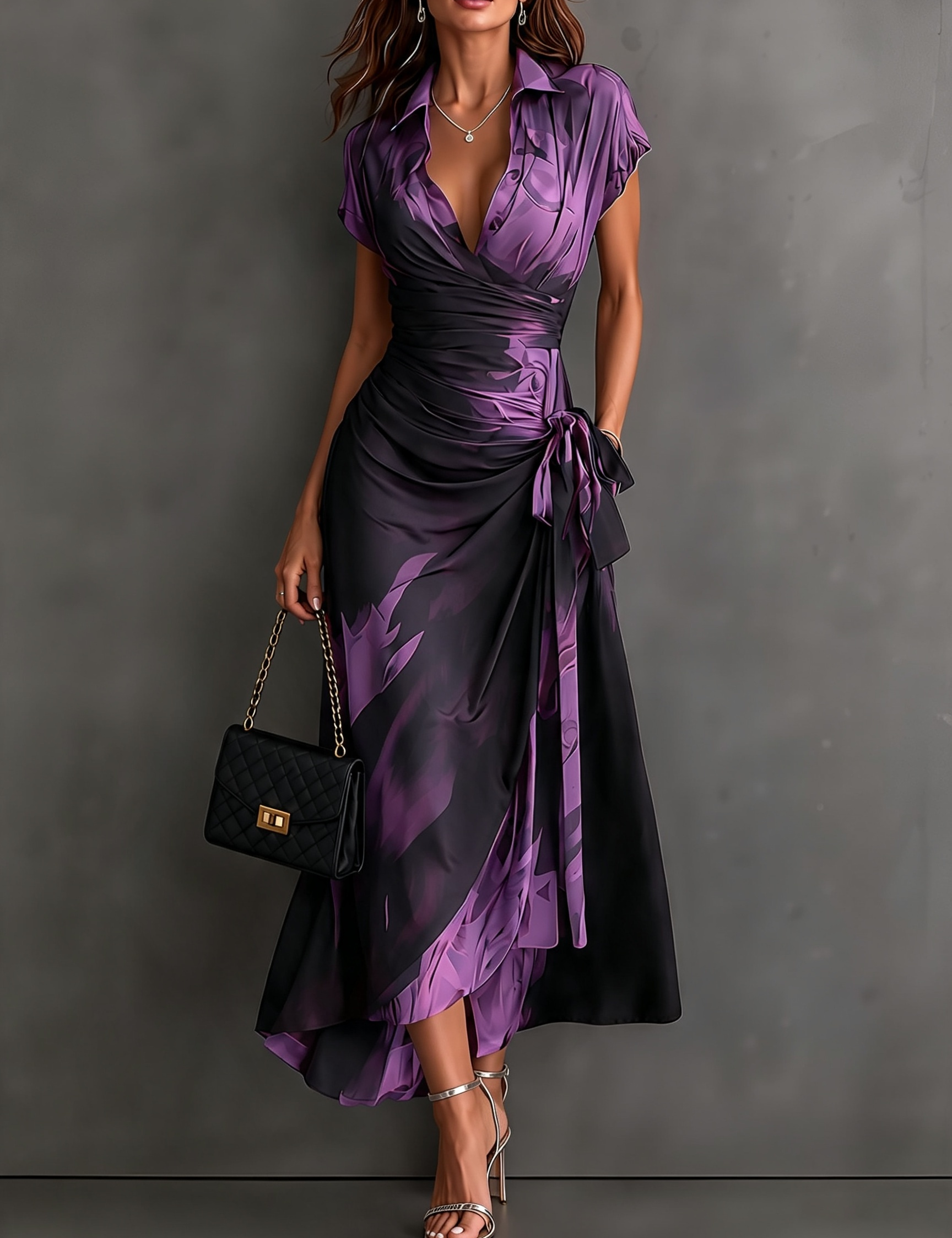 Vestido Midi Envelope com Estampa Abstrata Vermelha e Preta, Gola com Decote em V, Manga Curta, Cintura para Amarrar, Barra Assimétrica com Renda