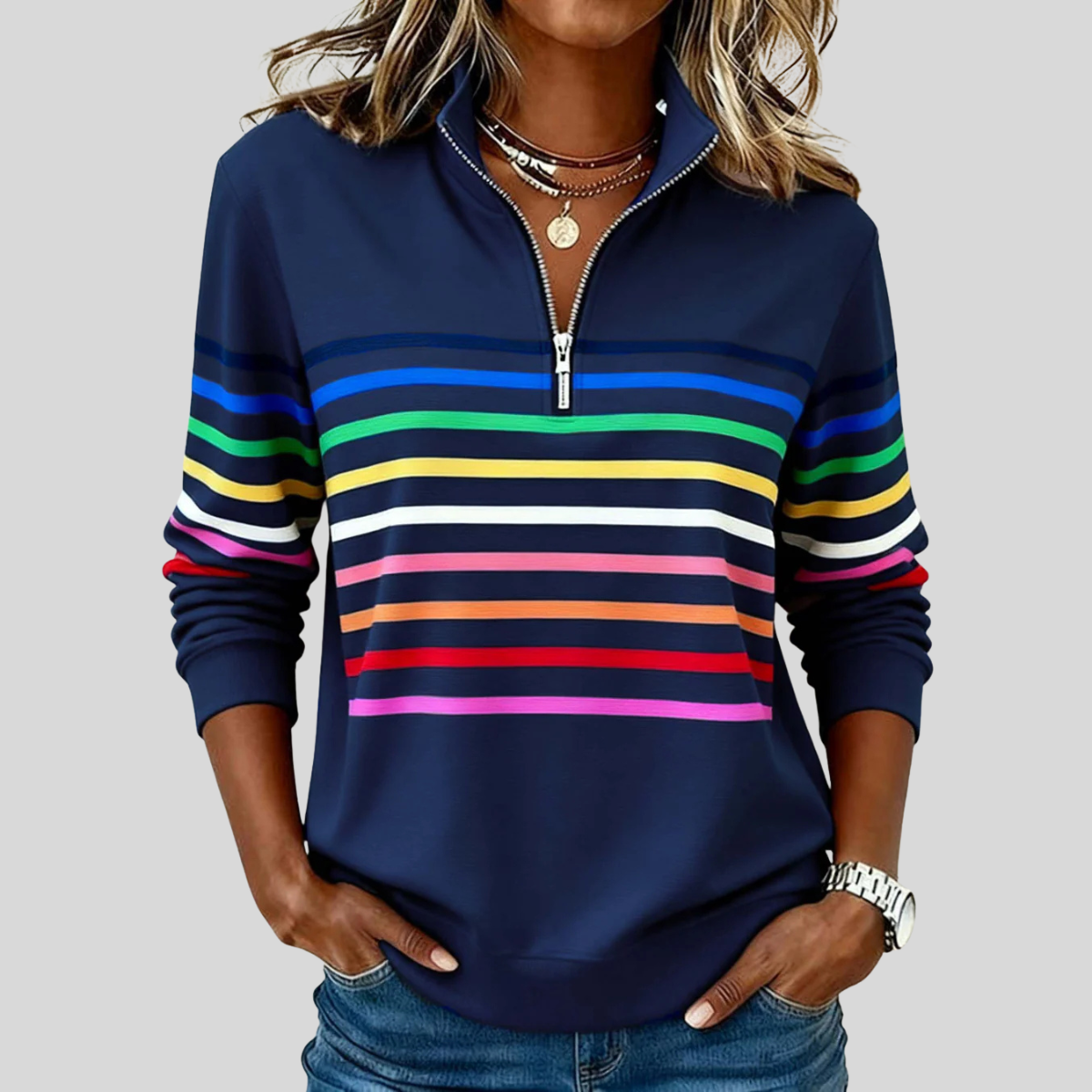 Prismette™ | Colorful Striped Zip Neck Sweatshirt