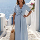 Ophélie | Vestido midi com decote em V e mangas curtas torcidas