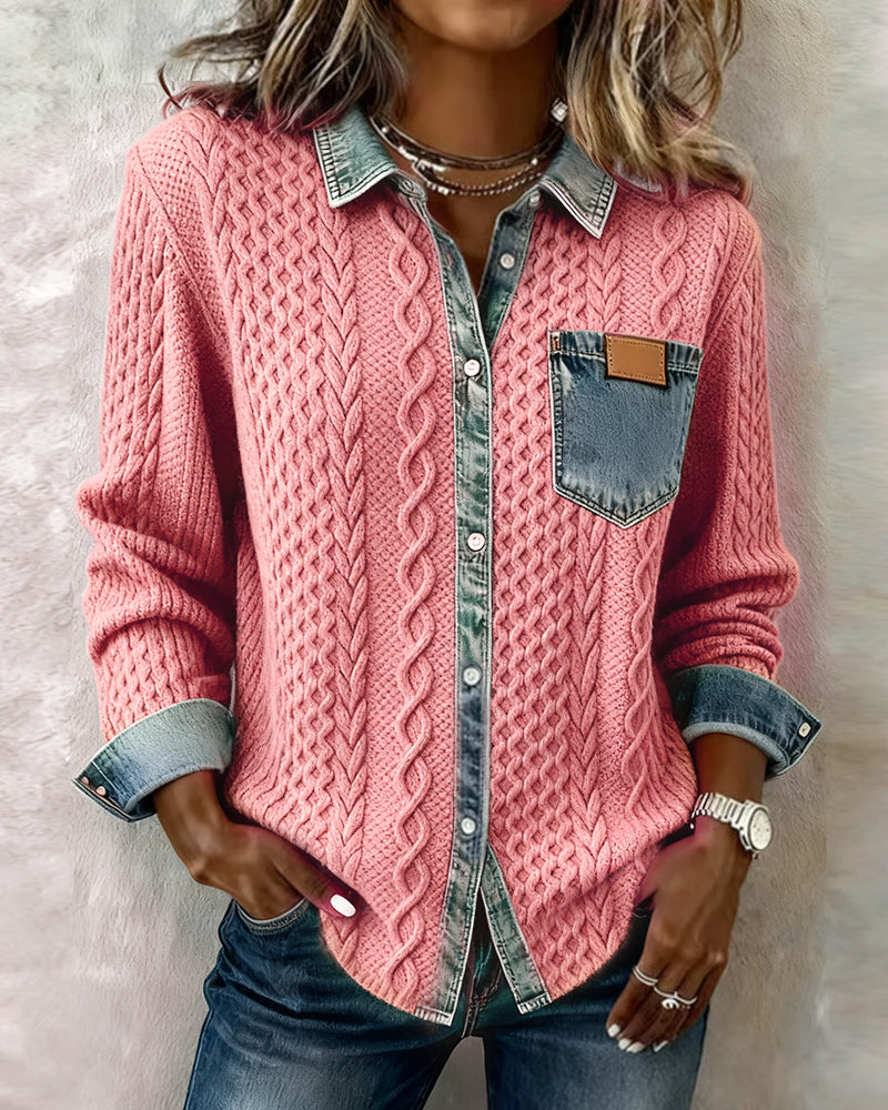 Camisa de Manga Longa com Detalhes em Denim