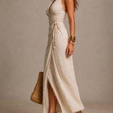 Clémence | Vestido Midi em Linho Natural com Decote Cruzado e Renda