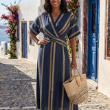 Maëlle | Vestido midi às riscas em V com mangas curtas
