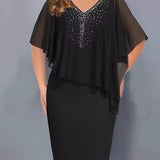 Vestido de chiffon feminino com decote em V e adornos de strass