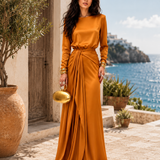Elegante Vestido Maxi de Satén con Drapeado
