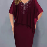 Vestido de chiffon feminino com decote em V e adornos de strass