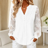 Blusa feminina de renda com decote em V e mangas compridas