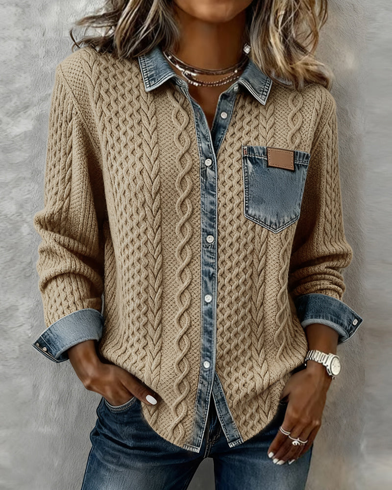 Camisa de Manga Longa com Detalhes em Denim