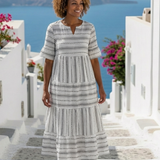 Maëlys | Vestido midi às riscas com mangas curtas
