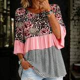 Camisa Casual com Estampa de Listras e Flores