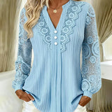 Blusa feminina de renda com decote em V e mangas compridas