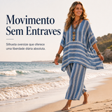 Conjunto leve de descanso às riscas, ideal para saídas descontraídas 🤍 Top largo + calças largas