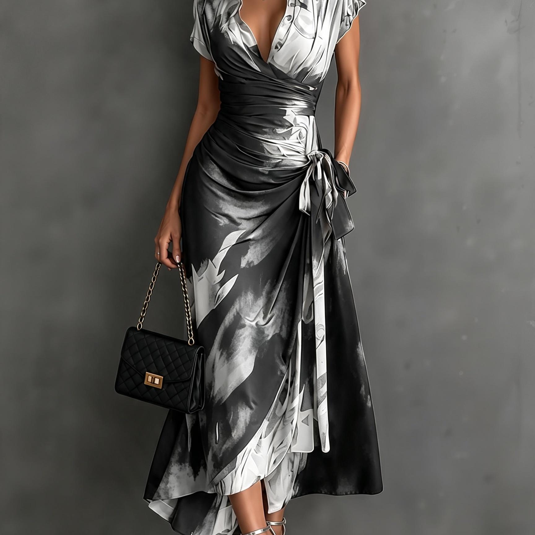 Vestido Midi Envelope com Estampa Abstrata Vermelha e Preta, Gola com Decote em V, Manga Curta, Cintura para Amarrar, Barra Assimétrica com Renda