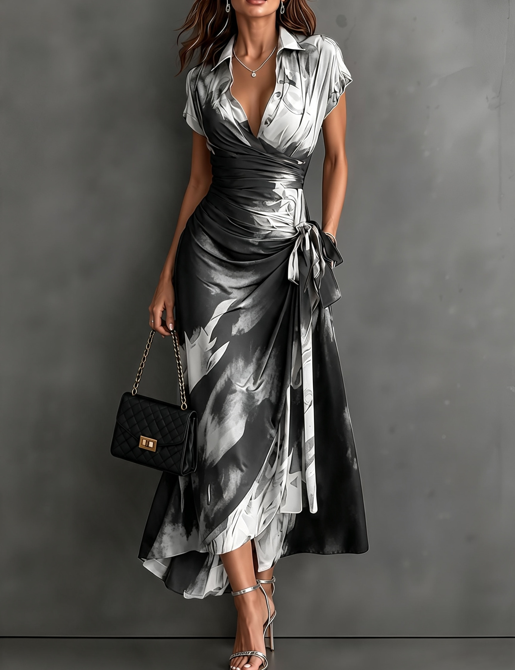 Vestido Midi Envelope com Estampa Abstrata Vermelha e Preta, Gola com Decote em V, Manga Curta, Cintura para Amarrar, Barra Assimétrica com Renda