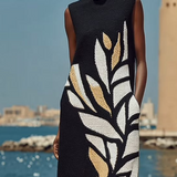 Vestido Midi Preto Sem Mangas Estampado Longo