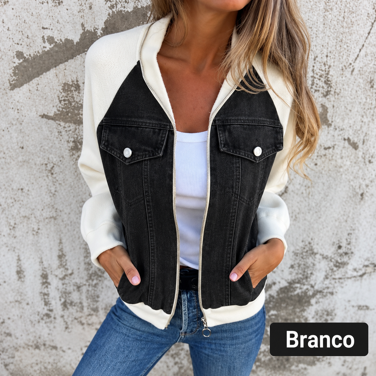 🔥 Promoção de Primavera: -50% 🔥 Casaco em denim com fecho éclair para mulheres
